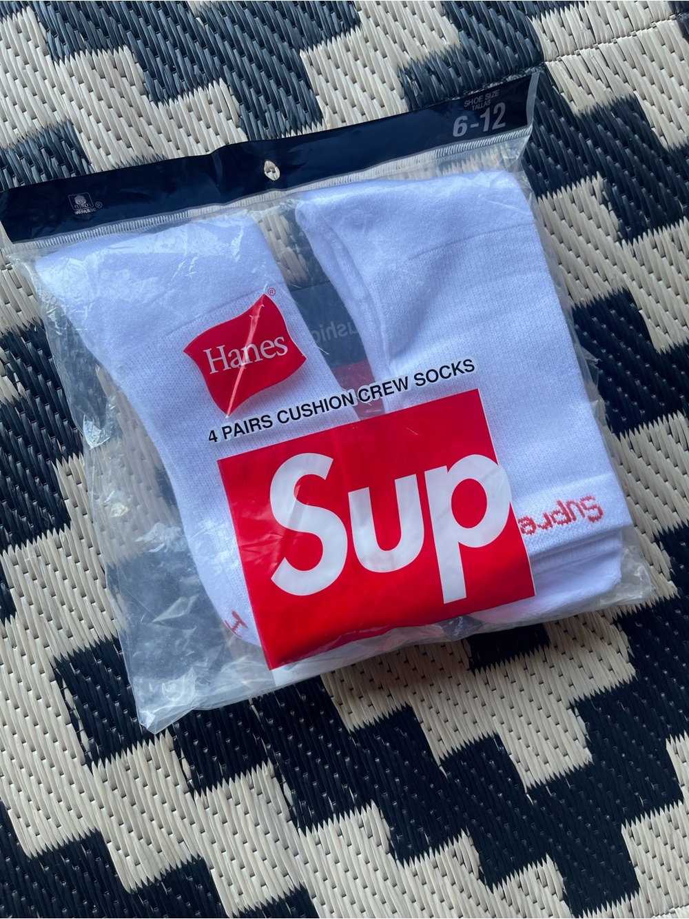 Hanes White Crew Socks with Red Sup Logo - 4 Pairs